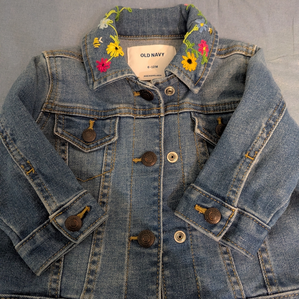 Old Navy Blue Denim Kids Jacket with Floral Embroidery